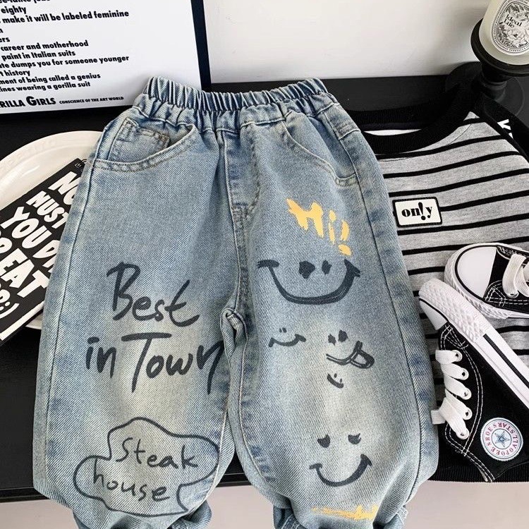 Baby Clothing Drawing - Celana Denim Grafiti Katun Longgar untuk
